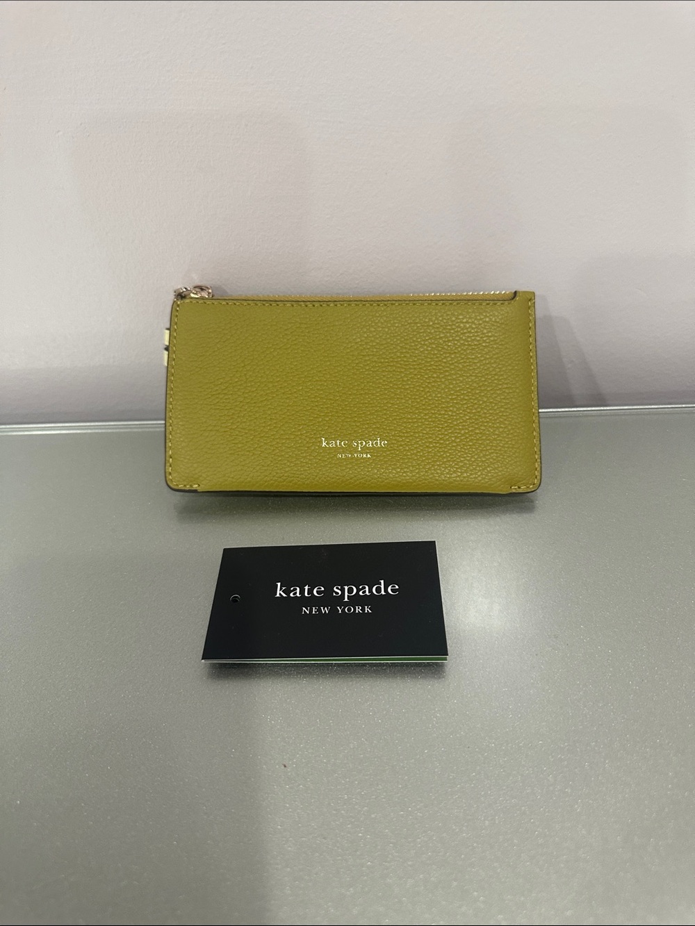 kate spade olive green pebbled leather wristlet wallet